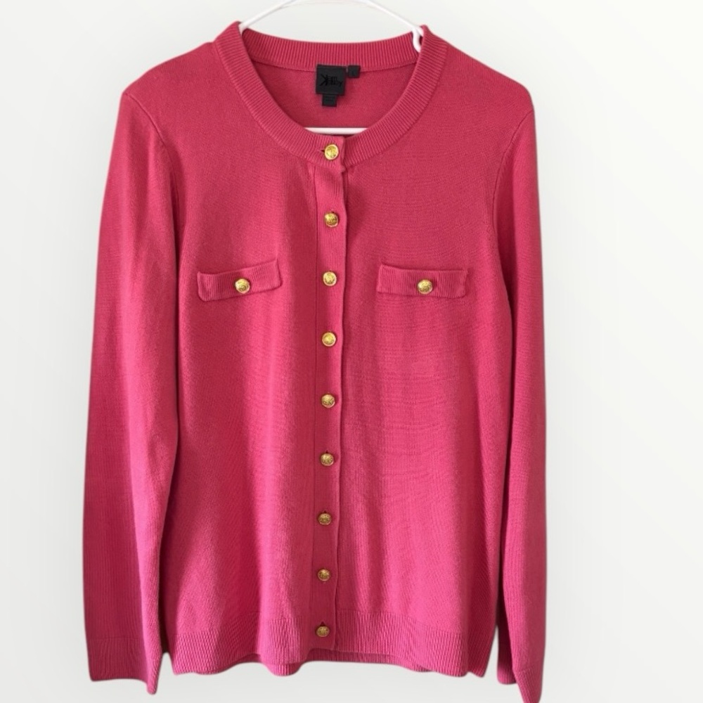 Vtg Kerri Kelsey Barbie Pink Lightweight Knit Cardigan Gold Button Down Sweater